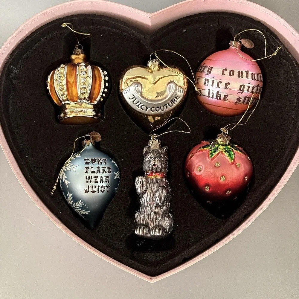 Y2K Juicy Couture 6 Piece Christmas Ornaments in Box Scottie Crown Berry Heart